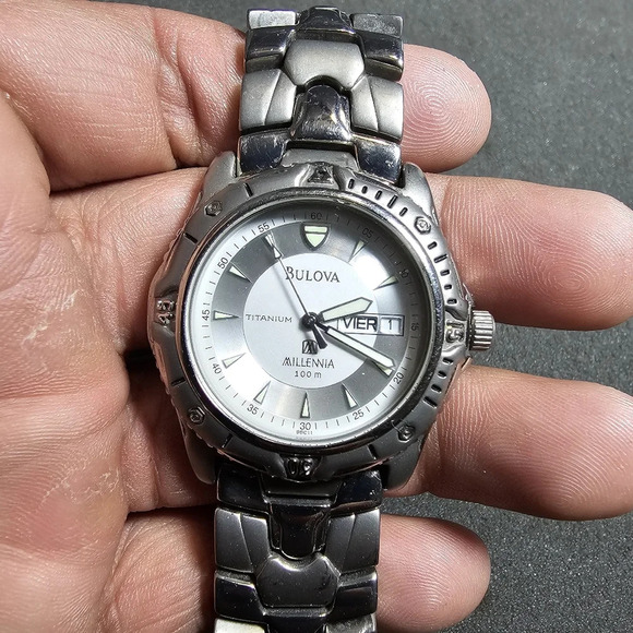 Bulova Millennia Titanium Mens Quartz Day Date Dial Watch Working Silver Tone sh - Picture 1 of 9